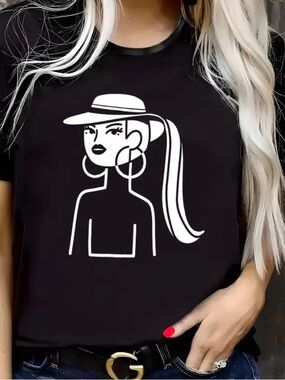 Black Graphic Tee with White Line Art Girl